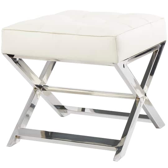 White Leather Stool with Stainless Steel Supports